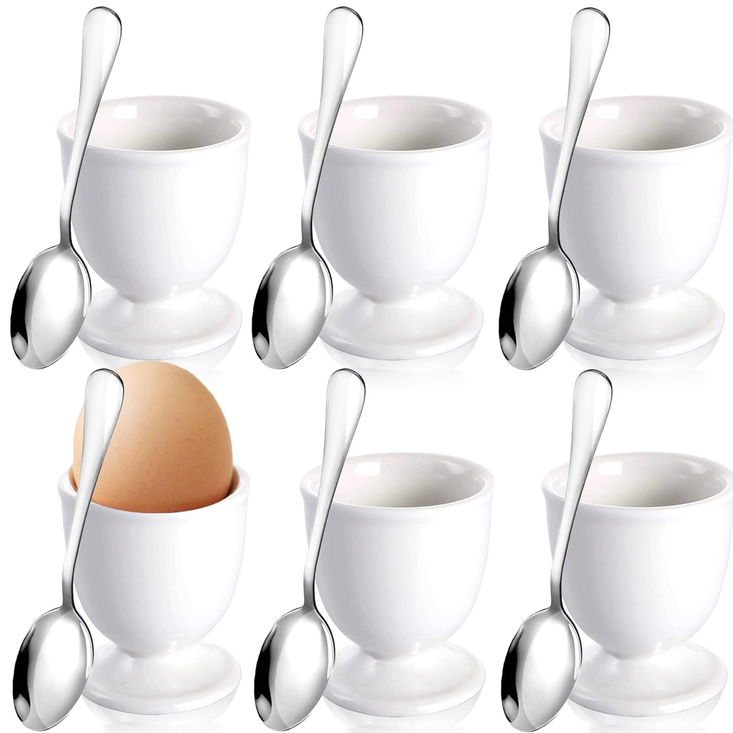 RHAFAYRE Egg Holder for Boiled Eggs, 6 Pack Porcelain Egg Cups with Spoons for Soft Hard Boiled Eggs Breakfast Dinner, 3.5" White