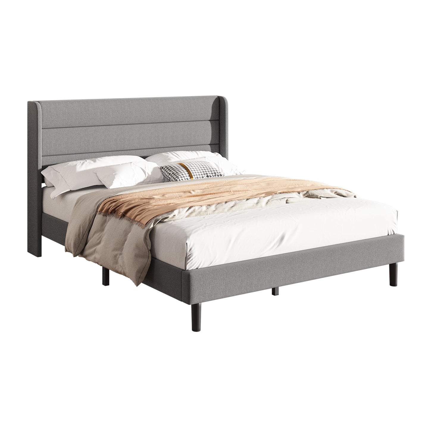 Mxhtcewz Queen Size Upholstered Platform Bed Frame, Modern Linen Fabric Bed with Wingback Headboard, Sturdy No Wobble, Noise-Free & Easy Assembly, No Box Spring Needed, Gray