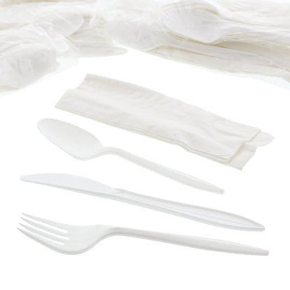 AmerCareRoyal 4-in-1 Disposable Silverware Medium Weight Plastic Utensil Set with Teaspoon, Fork, Knife and 12x13 inch Napkin - Individually Wrapped Cutlery Meal Kit, White, Case of 250