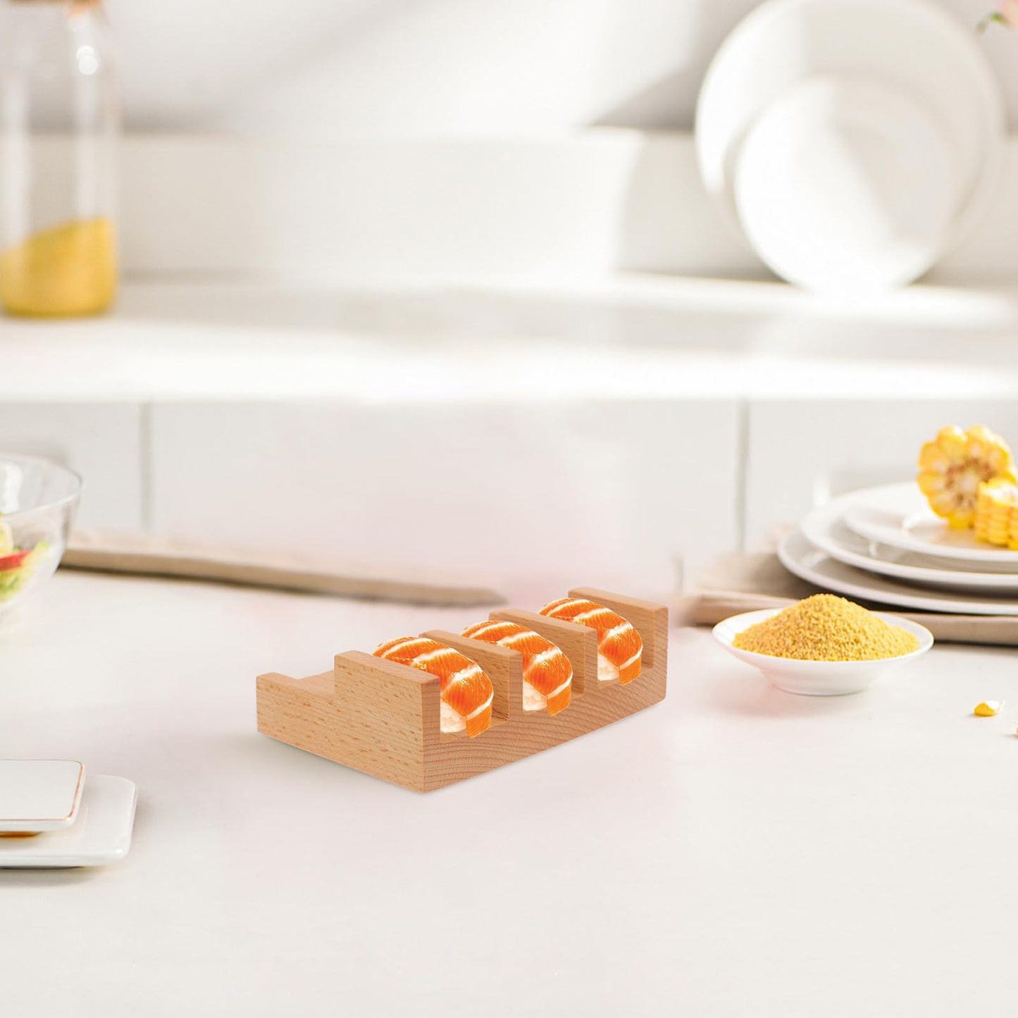 VOSAREA Sushi Taco Holder Wood Sushi Display Rack U Shaped Sashimi Plate Sushi Hand Roll Stand Sushi Platter Wood Taco Holder Sushi Taco Plate Japanese Novelty Serving Tray