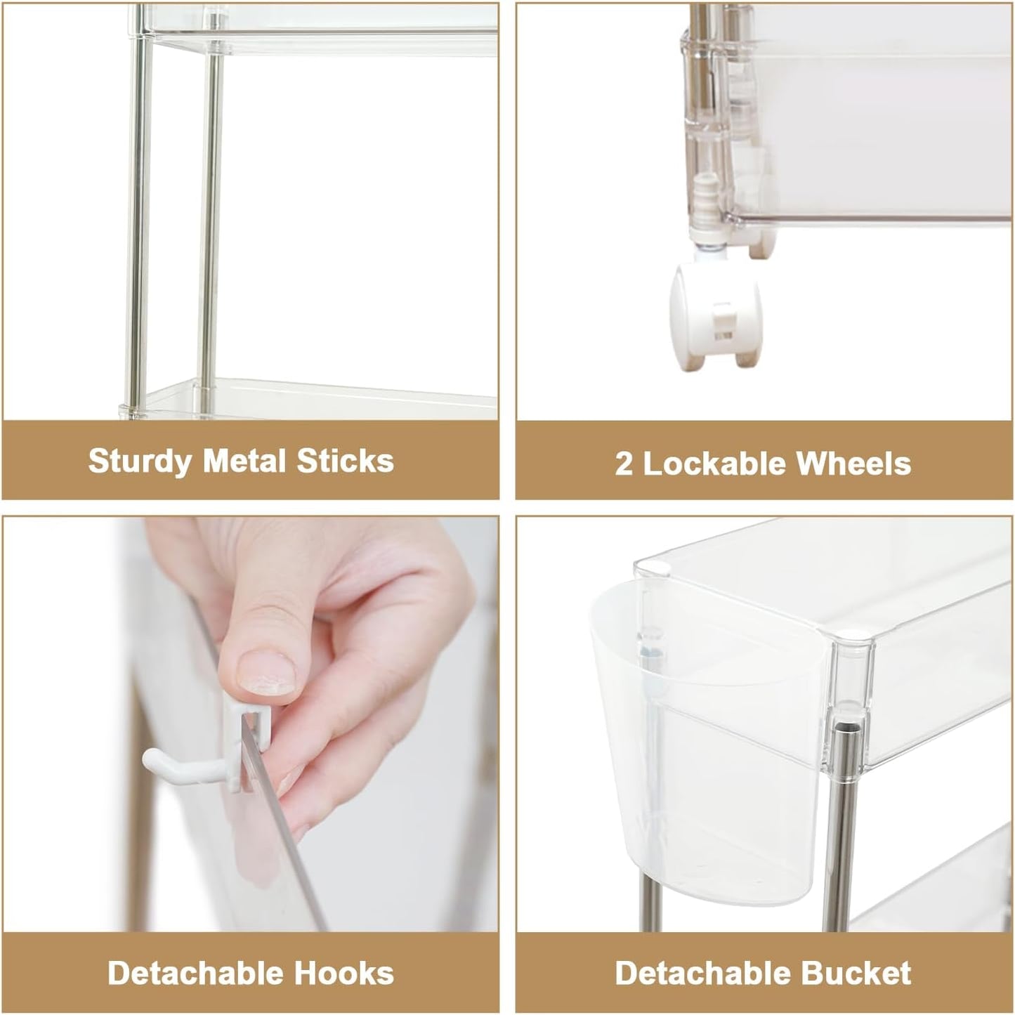 3-Tier 2 VECELO Acrylic Rolling Cart, Utility Cart for Kitchen Storage, Mobile Shelves Slide-Out Organizers