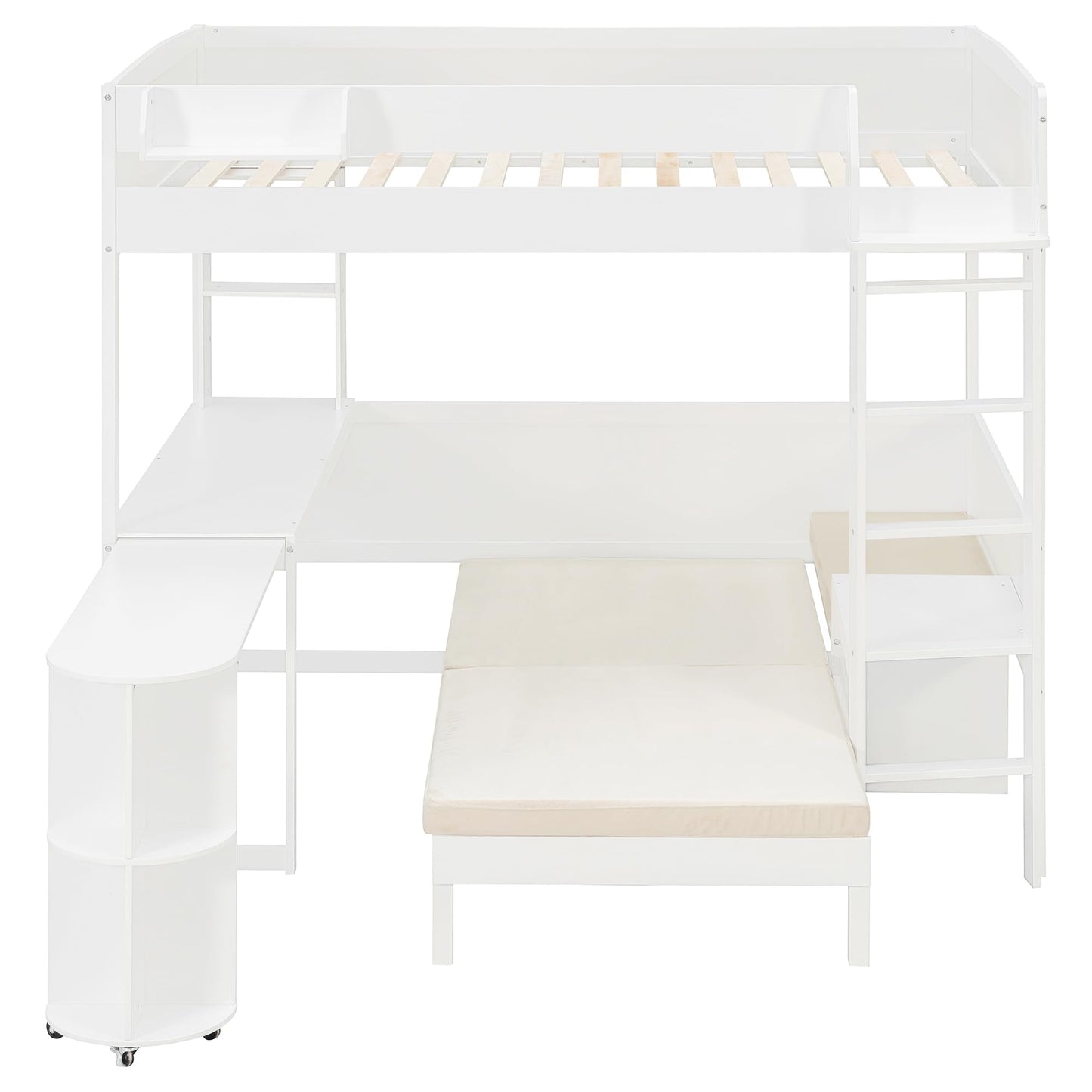 Merax Full Size Loft Bed with Extendable Desk and Lights, Wood Loft Bed Frame with Storage Shelves & Padded Foldable Sofa, Space-Saving Loft Bed for Teens Adults, Dorm Apartment, White
