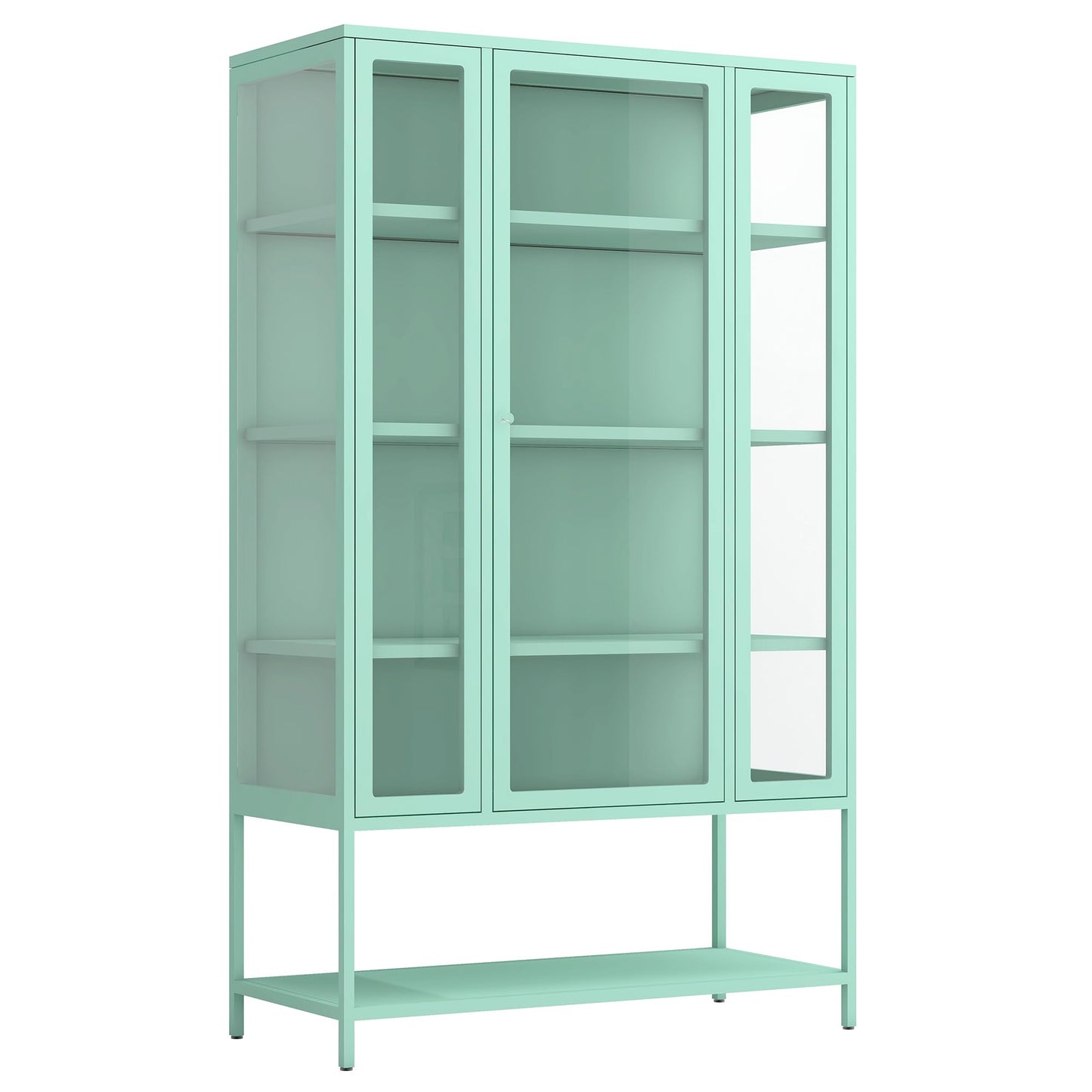 Merax 67" Tall Glass Display Cabinet with Adjustable Shelves and LED Lights, for Collectibles, Modern Steel Storage Curio Cabinet with 3-Sided Glass Display Case for Home Office Study Room, Cyan