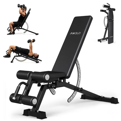 Mikolo 1200LB Weight Bench, Adjustable Workout Bench with Detachable Leg Support, Vertical Storage Space-Saving Exercise Bench for Home Gym, Incline Flat Decline Sit Up Bench for Full Body Fitness