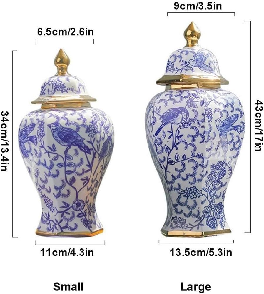 DVJING Porcelain Jar,Ceramic Flower Vase,Handcraft Decorative Ceramic Jar Storage Jars Floral Arrangement Blue and White Flower Vase Temple Jar with Lid for Home Office Bookshelf Living Room(Small)