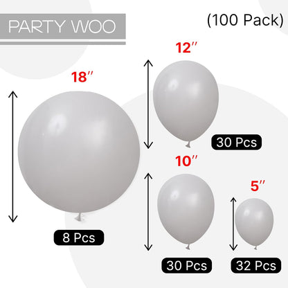PartyWoo Gray Balloons - 100 Pcs Matte Grey Latex Balloon Arch Kit | 18", 12", 10", 5" Sizes for Baby Showers, Gender Reveals, and Birthdays