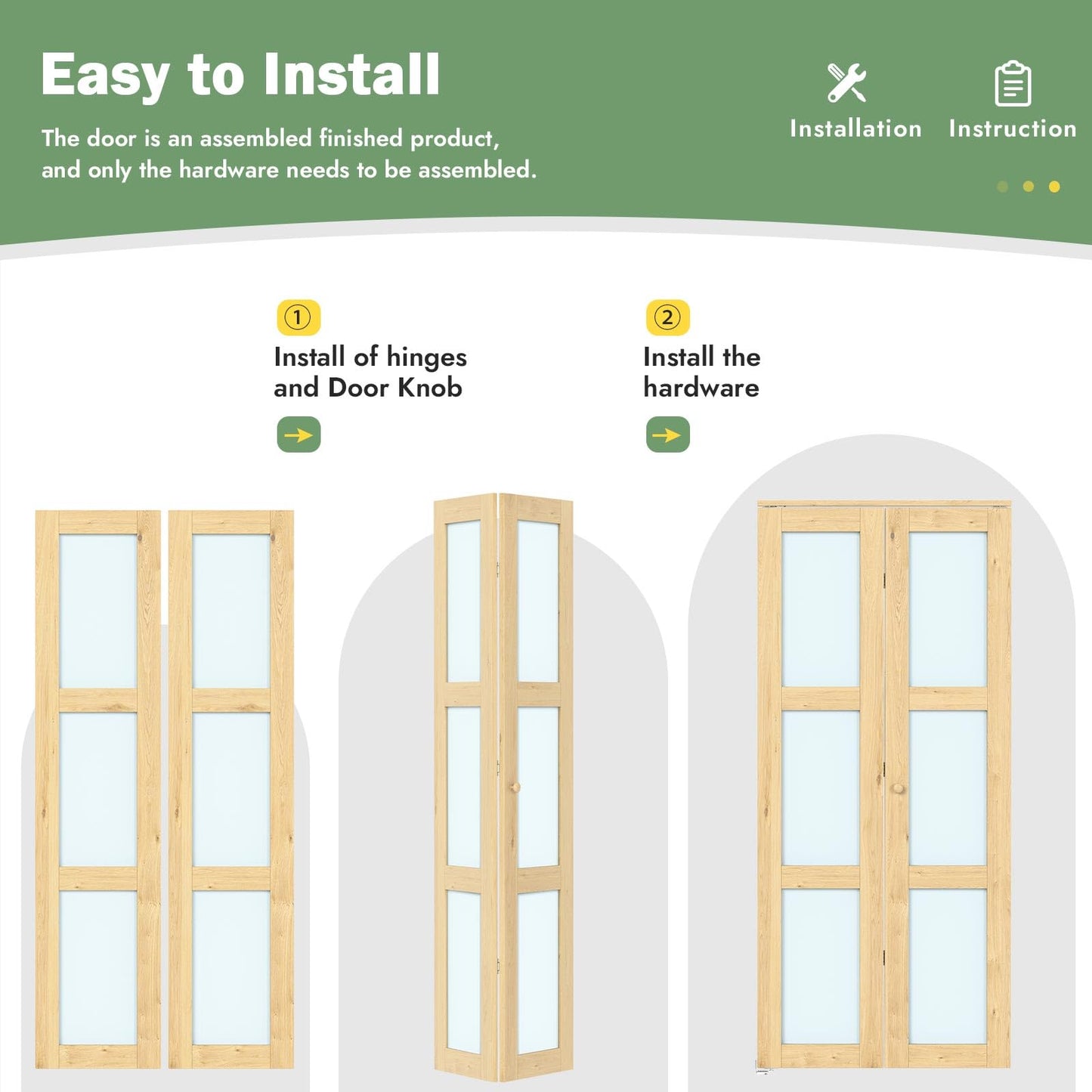 Roymelo Bifold Doors for 36"×80" Opening, Sliding Interior Tempered Frosted Glass Closet Folding Barn Door with Concealed Hardware Kit Included, 3-Panel Frosted Glass, Preassembled Door, DIY staining