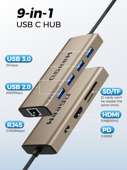 QGeeM USB C Hub Ethernet,9 in 1 USB Type C Hub HDMI Multi-Port Converter Adapter,100W Pd, USB 3.0,SD/TF Card Reader,Compatible for MacBook Pro Air Ipad HP Dell Lenovo Chromebook etc.