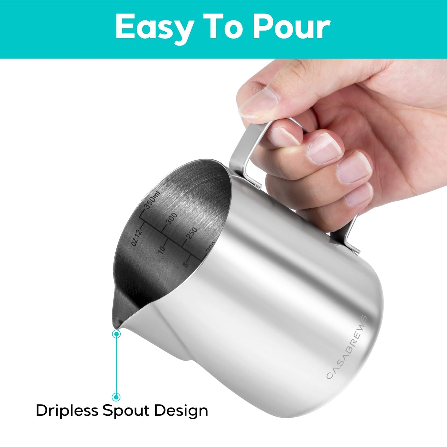 CASABREWS CASMP350 Milk Frothing Pitcher, Stainless Steel Steaming Pitcher with Sharp Spout, 350ml (12oz) Milk Frother Cup for Cappuccino or Latte Art, Espresso Machine Accessories for Barista