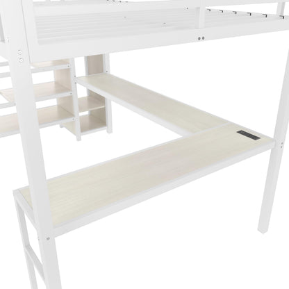 Bellemave Queen Loft Bed with Staircase and L Desk, Wardrobe, Metal Queen Loft Bed Frame for Adults, Kids, Teens, White Wood-Grain