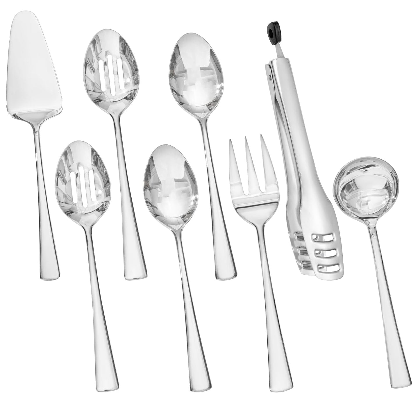 KINGSTONE 8 Piece Serving Utensils Set, 18/10 Stainless Steel Serving Utensils, Slotted Spoon, Serving Spoon, Fork, Tong, Soup Ladle, Cake Server for Buffet, Parties, Kitchen