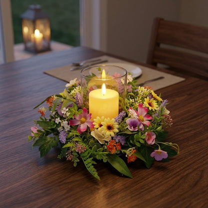 Skiennix Floral Candle Holder - Glass Hurricane with Detachable Wreath | Spring Centerpiece for Home & Weddings