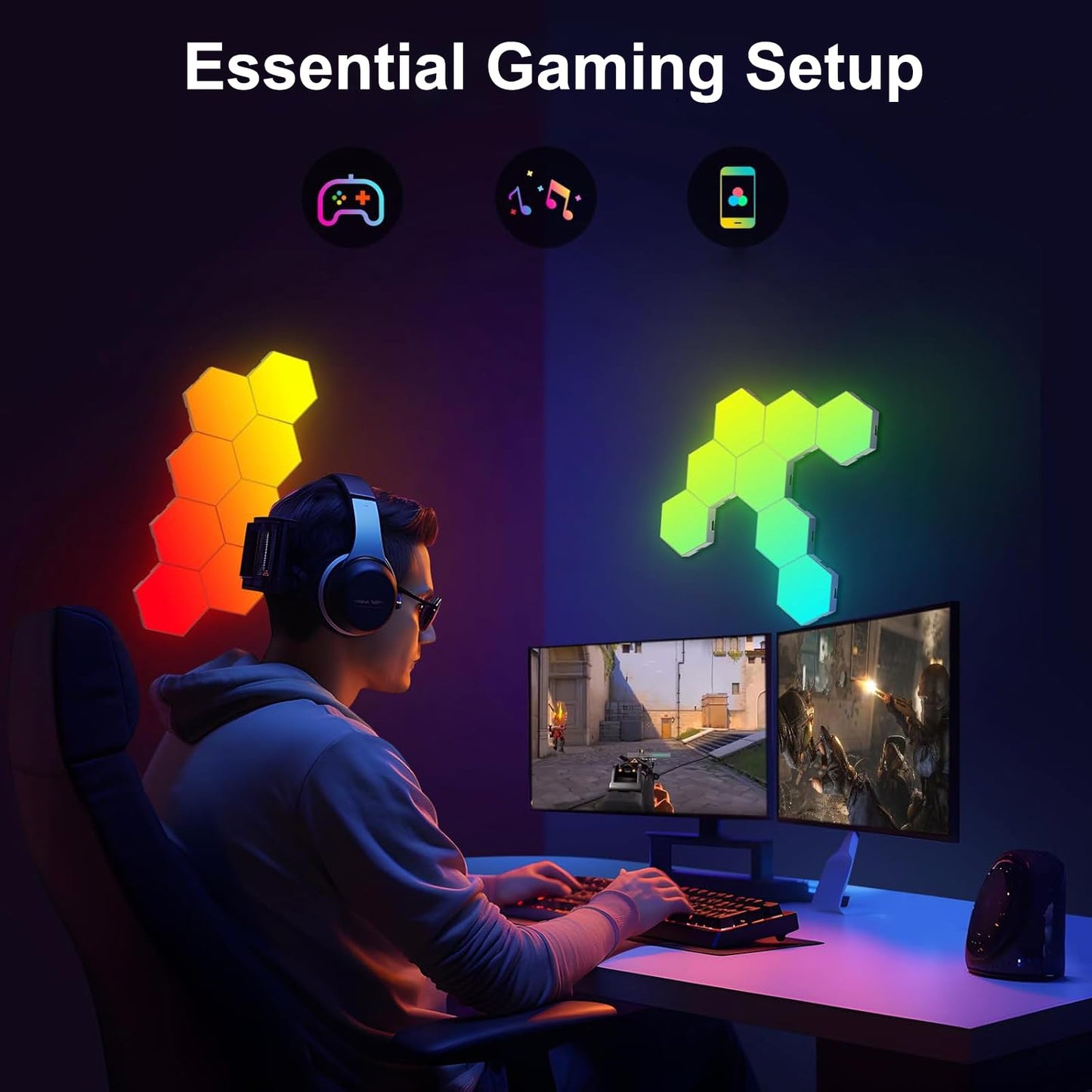 LED Hexagon Lights for Gaming Setup, Smart Home Gaming Wall Lights Work with Alexa Google Assistant, Voice, App & Remote Control, RGB-IC LED Light Panels Music Sync for Game Room Bedroom, 10 Pack
