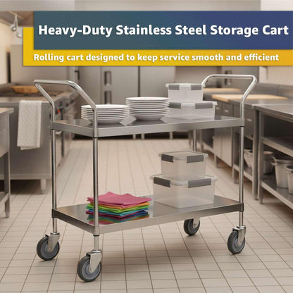 18" x 46" x 37" Stainless Steel Two Shelf Utility Cart - Commercial Heavy-Duty NSF Service Cart with Handles, Storage Rolling Shelving for Warehouse, Office, Food Service