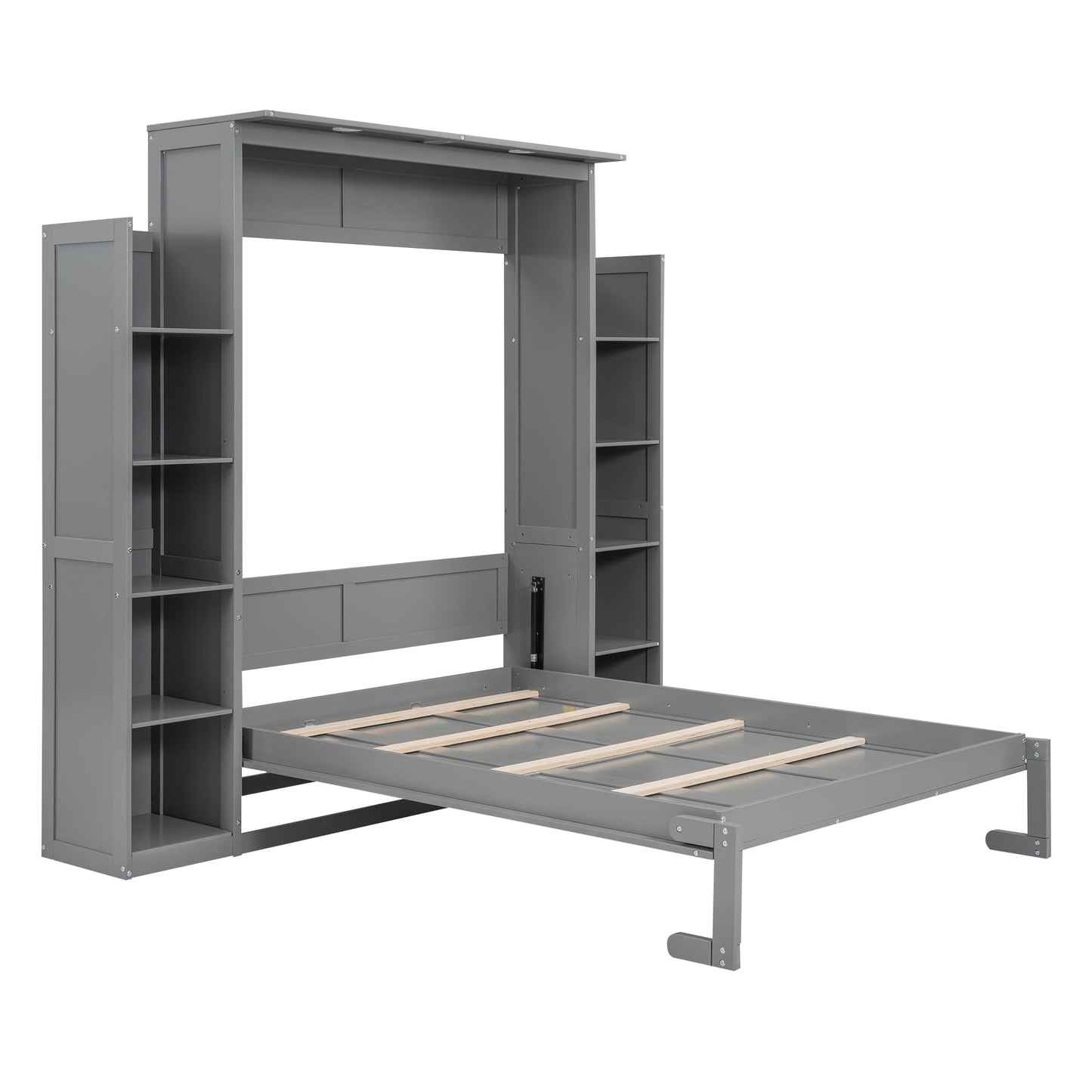 Merax Full Size Murphy Bed with 2 Five-Layer Cabinet, Modern Wall Bed with Shelves and LED Lights, Foldable Wood Platform Bed Folded into Cabinet for Guest Room, Home and Office, Grey