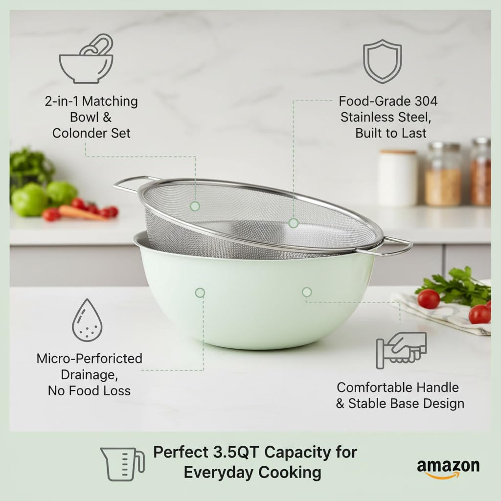 304 Stainless Steel Kitchen Colander Set, 3.5QT Colander with Handle and Bowl, 40 Mesh Fine Strainer, Fast Draining for Rice, Pasta, Fruits & Vegetables, Dishwasher Safe