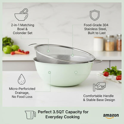 304 Stainless Steel Kitchen Colander Set, 3.5QT Colander with Handle and Bowl, 40 Mesh Fine Strainer, Fast Draining for Rice, Pasta, Fruits & Vegetables, Dishwasher Safe