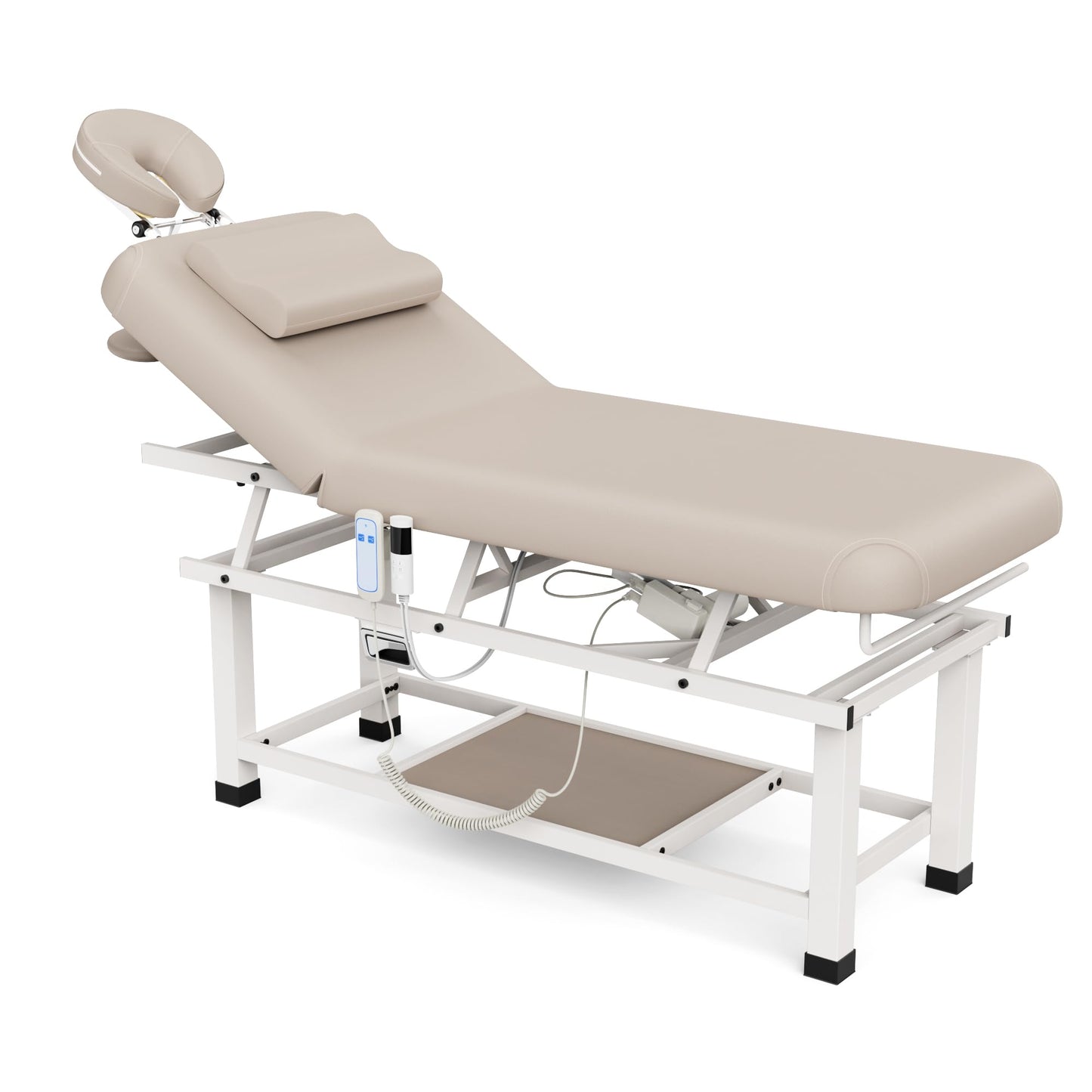 Heating Function 30 Wide x 75 Long Heavy Duty Electric Stationary Massage Table with Backrest Adjustable and Storage Space for Treatment/Medical Spa/Facial/Beauty/Massage Bed and More - Beige Gray