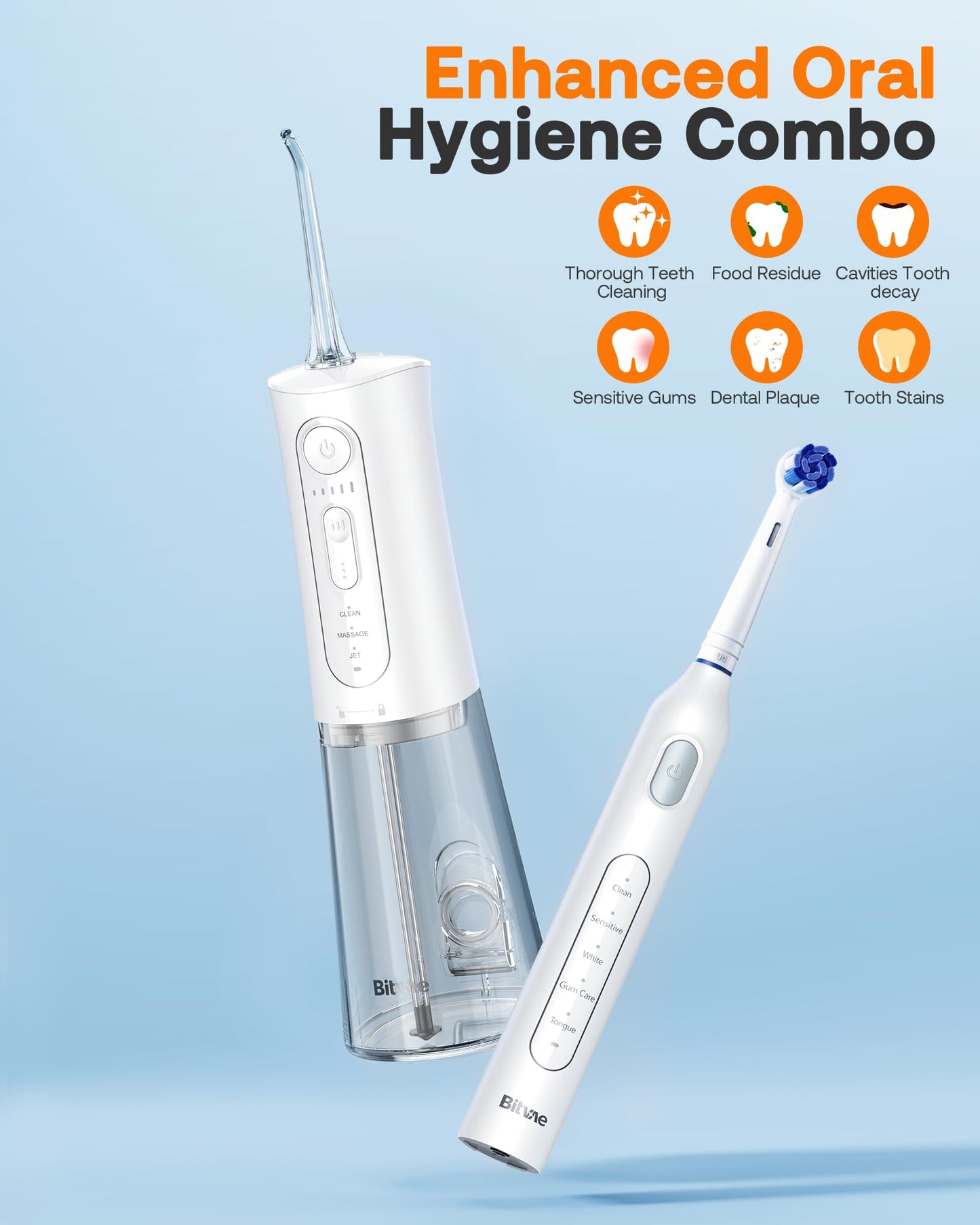 Bitvae Water Dental Flosser Teeth Picks, Cordless Water Flosser for Teeth, Braces, Dental Care and Rechargeable Rotary Electric Toothbrush Combo Set, 4 Tips, 4 Brush Heads, Waterproof, Black, C5+R1