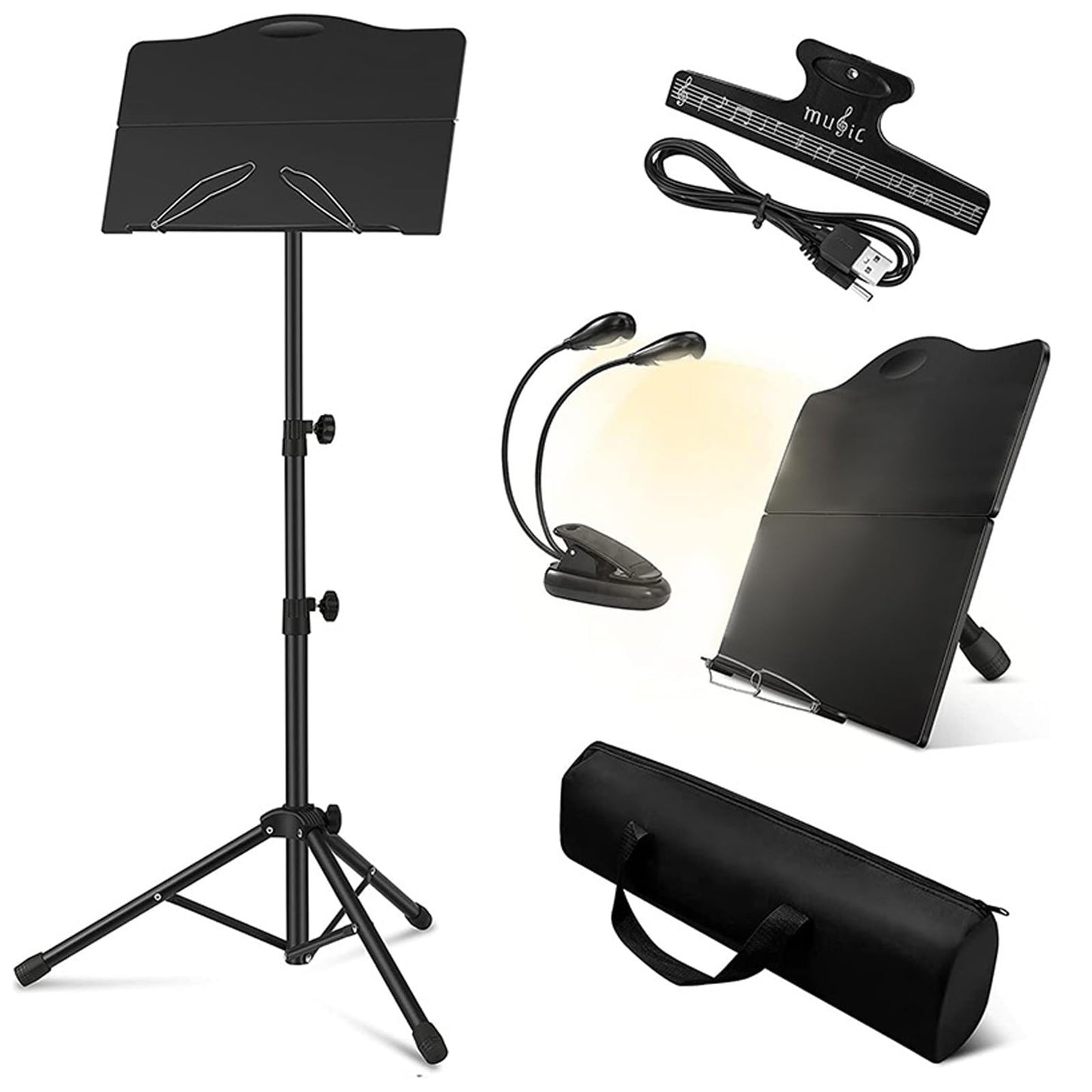 icVantA Portable Music Stand, Sheet Music Stand with Bag & Light, with Folding Tray, Stable, Height Adjustable, Bearing 4kg, for Instrumental Performance & Band & Travel, Easy to Install