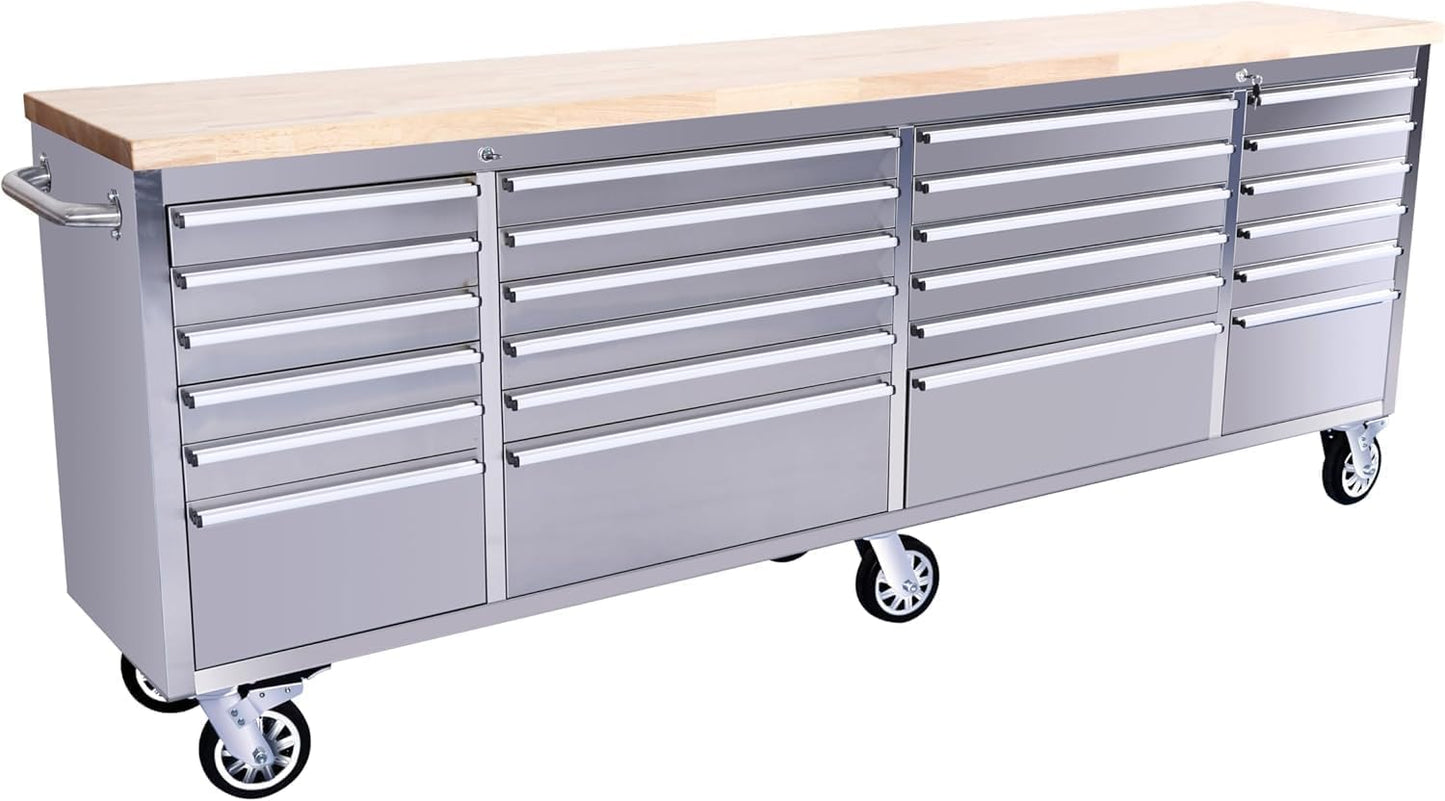 PeakPursuit 96" Rolling Tool Chest with 24 Drawers, Solid Rubber Wood Workbench Top, Locking Wheels & Key Lock, Mobile Garage Storage Cabinet for Workshop Organization, Silver