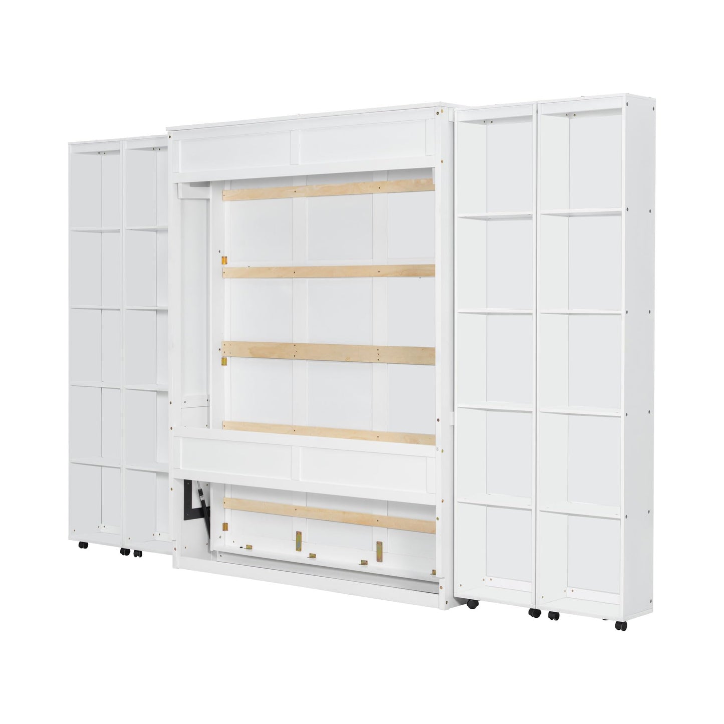 Merax Queen Size Murphy Bed with with 5-Tier Storage Shelves, Wooden Wall Bed Cabinet with Storage Doors, Foldable Platform Bedframe with Hydraulic Lift System for Guest Room and Bedroom