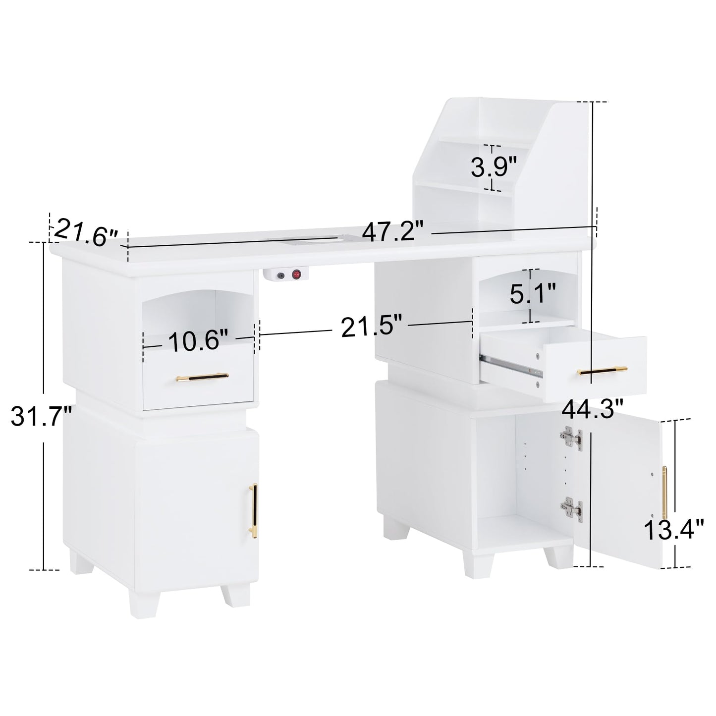 BarberPub Professional Nail Station Desk Manicure Table with Electric Dust Collector, Nail Makeup Desk with Shelves, Storage Beauty Salon Workstation with 4 Drawers Storage Cabinets VC258 (White)