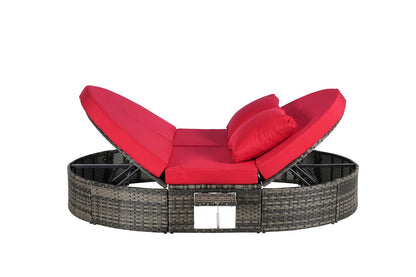 Bituman Luxury Round Patio Daybed with Pillows, Foldable Wicker Sun Lounger Featuring Adjustable Backrests & Cup Holders, 600lbs Heavy Duty Steel Frame, Fully Assembled Outdoor Furniture for Poolside