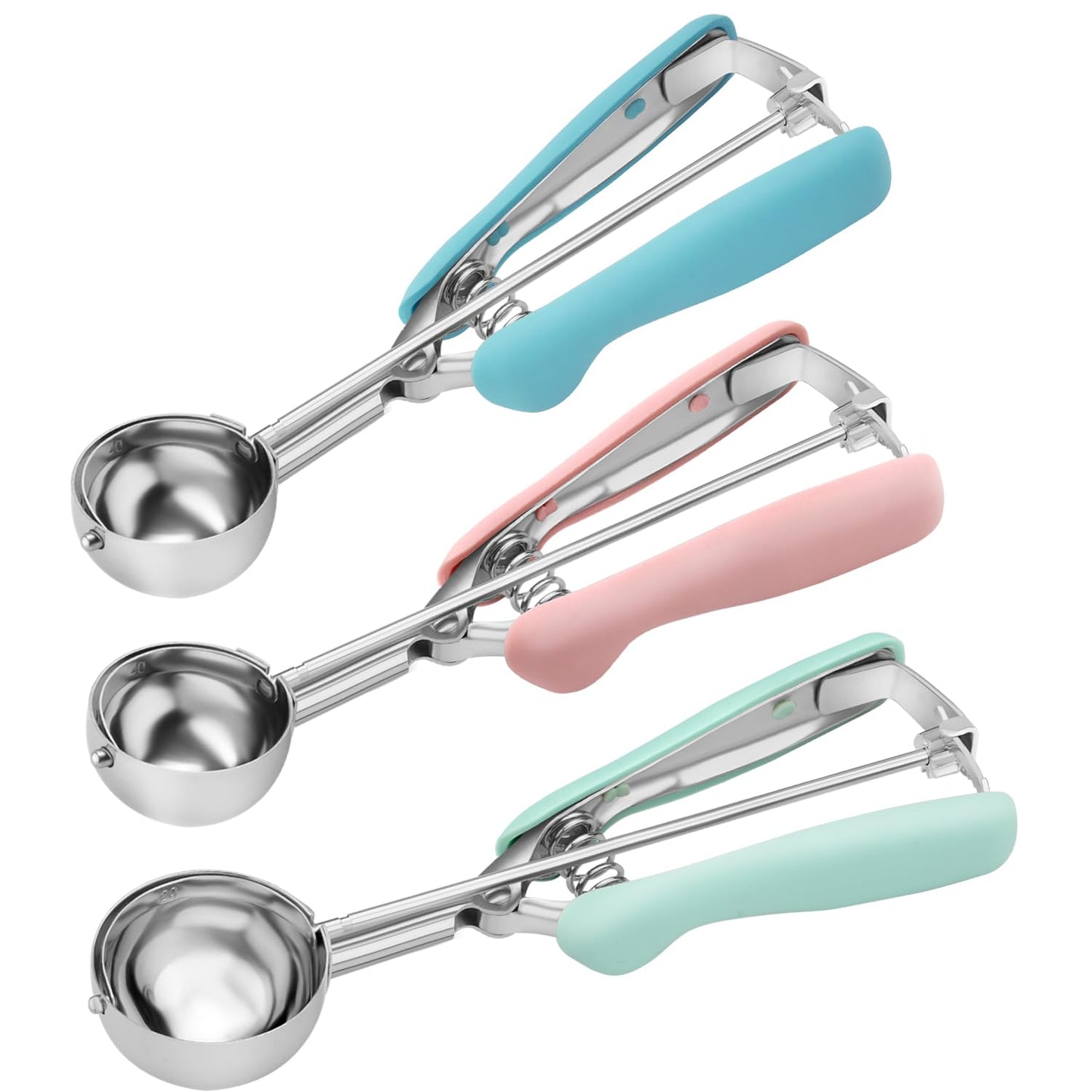 Cookie Scoop Set of 3, 18/8 Stainless Steel Cookie Dough Scoops with Blue, Pink & Green Color-Coded Grips, Small/Medium/Large (#60, #40, #20) Portion Scooper for Baking, Cupcakes & Ice Cream