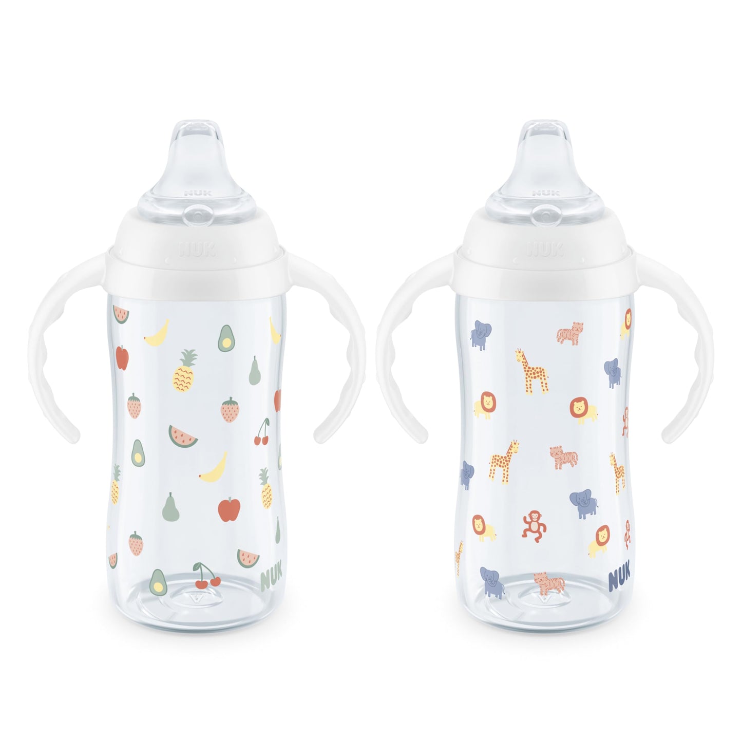 NUK Learner Cup, 8+ Months, Fun Fruits and Animals, Amazon Exclusive Collection, 10 Oz, Pack of 2, BPA-Free, Soft Spout, Spill Proof Sippy Cup