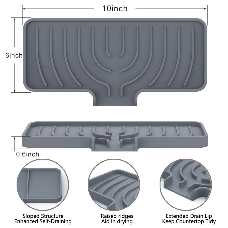 JOOKKI Sponge Holder for Kitchen Sink, Soap Tray for Sink & Counter, 9.8"×4.9" Soap Dish Mat, Silicone with Drain, Perfect for Kitchen, Scrubber, Bottle, Cup (Gray)