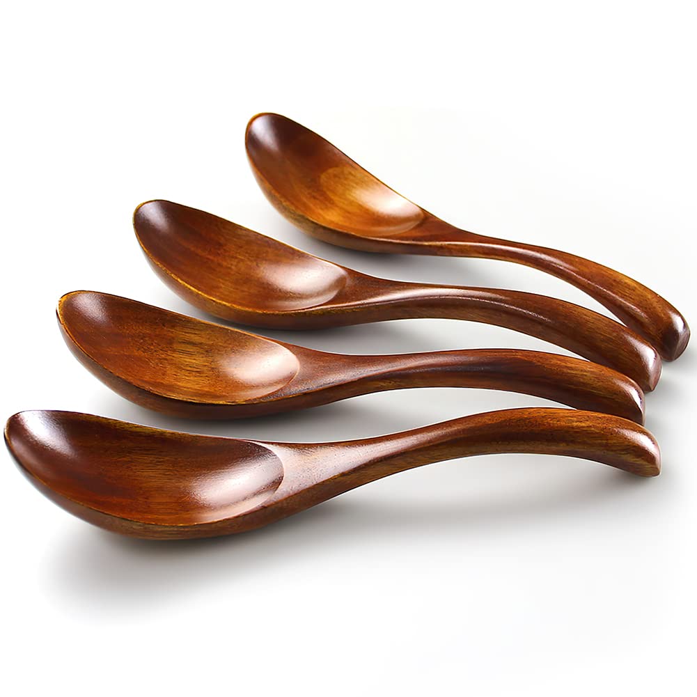 AOOSY Soup Spoons, Wooden Spoons, 4 Pieces Japanese Style LightWeight Table Spoon Kitchen Utensil for Adults