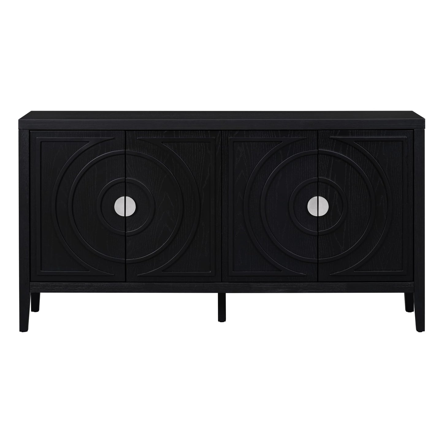 Jintop Retro Sideboard with Circular Groove Design Round Metal Door Handle,Wooden Buffet Cabinet,W/Adjustable Shelves & Open Countertop,for Entrance Living Dinning Room,Black