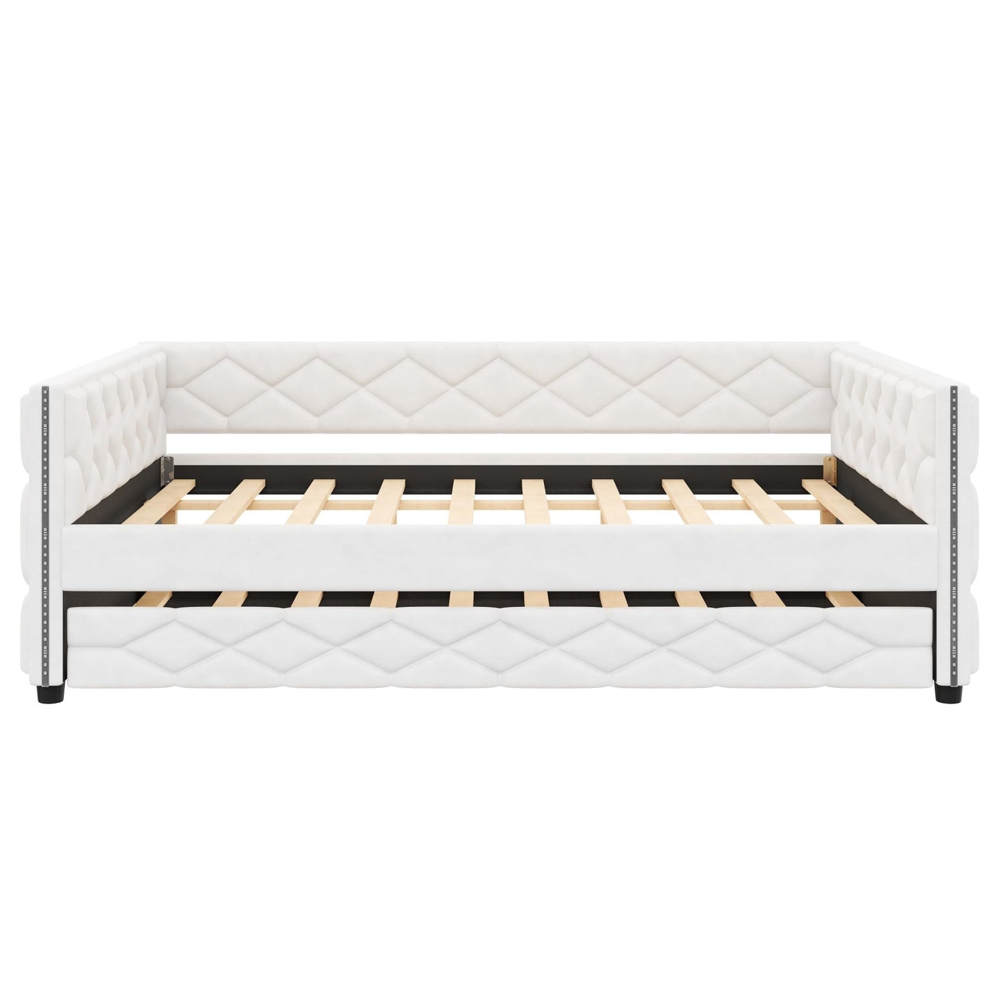 Merax Full XL Upholstered Daybed with Trundle, Modern PU Leather Sofa Bed Frame with Pull-Out Bed, Tufted Daybed Couch for Living Room Guest Room, No Box Spring Needed, White