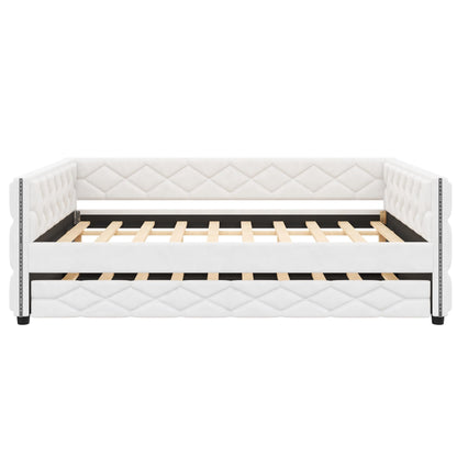 Merax Full XL Upholstered Daybed with Trundle, Modern PU Leather Sofa Bed Frame with Pull-Out Bed, Tufted Daybed Couch for Living Room Guest Room, No Box Spring Needed, White