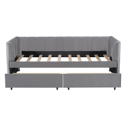 Bellemave Twin Size Daybed with 2 Storage Drawers & Upholstered Ergonomic Design Backrest,Velvet Day Bed Wood Slats, Modern Space Saving Sofabed for Bedroom,Living Room, Easy Assembly (Gary)