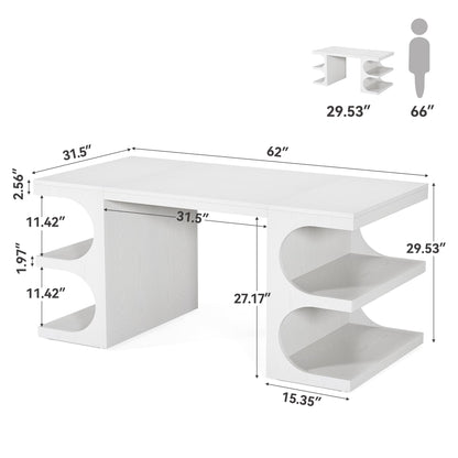 LITTLE TREE 62.2-Inch Executive Desk, Modern Home Office Desks, Office Table with Storage Shelves for Workspace, Large Computer Desk, Long Contemporary Writing Desk, White
