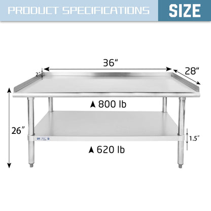 Hally Stainless Steel Equipment Stand 28x36 Inches with Undershelf, NSF Commercial Prep & Work Table with Rear and Side Risers, Heavy Duty Grill for Kitchen, Bar, Restaurant, Home and Hotel