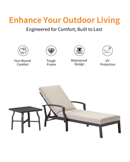 SEEHILL 2 Pieces Lounge Chair Set, Outdoor Chaise Lounge Set, Never-Rust Aluminum Pool Lounge Set with Gray Cushion, 6-Position Adjustable Patio Chaise with Outdoor Side Table for Poolside, Gunmetal