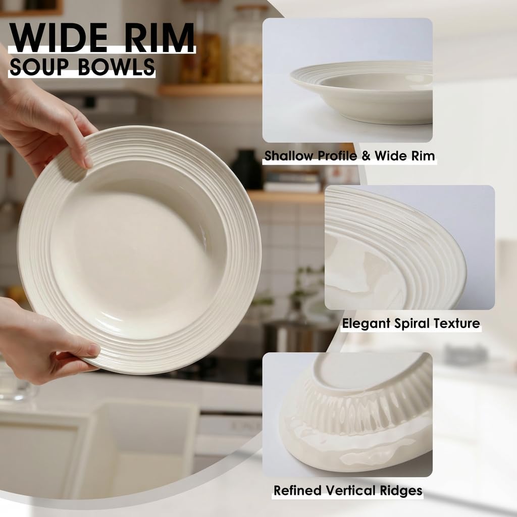 OniAnt Wide Rim Soup Bowls, 8 Inch Ceramic Rimmed Pasta Bowl Plates, Small Shallow Bowls Set of 4 for Side Salad, Portion Control, Oatmeal & Dessert, Microwave Dishwasher Safe - Cream Beige