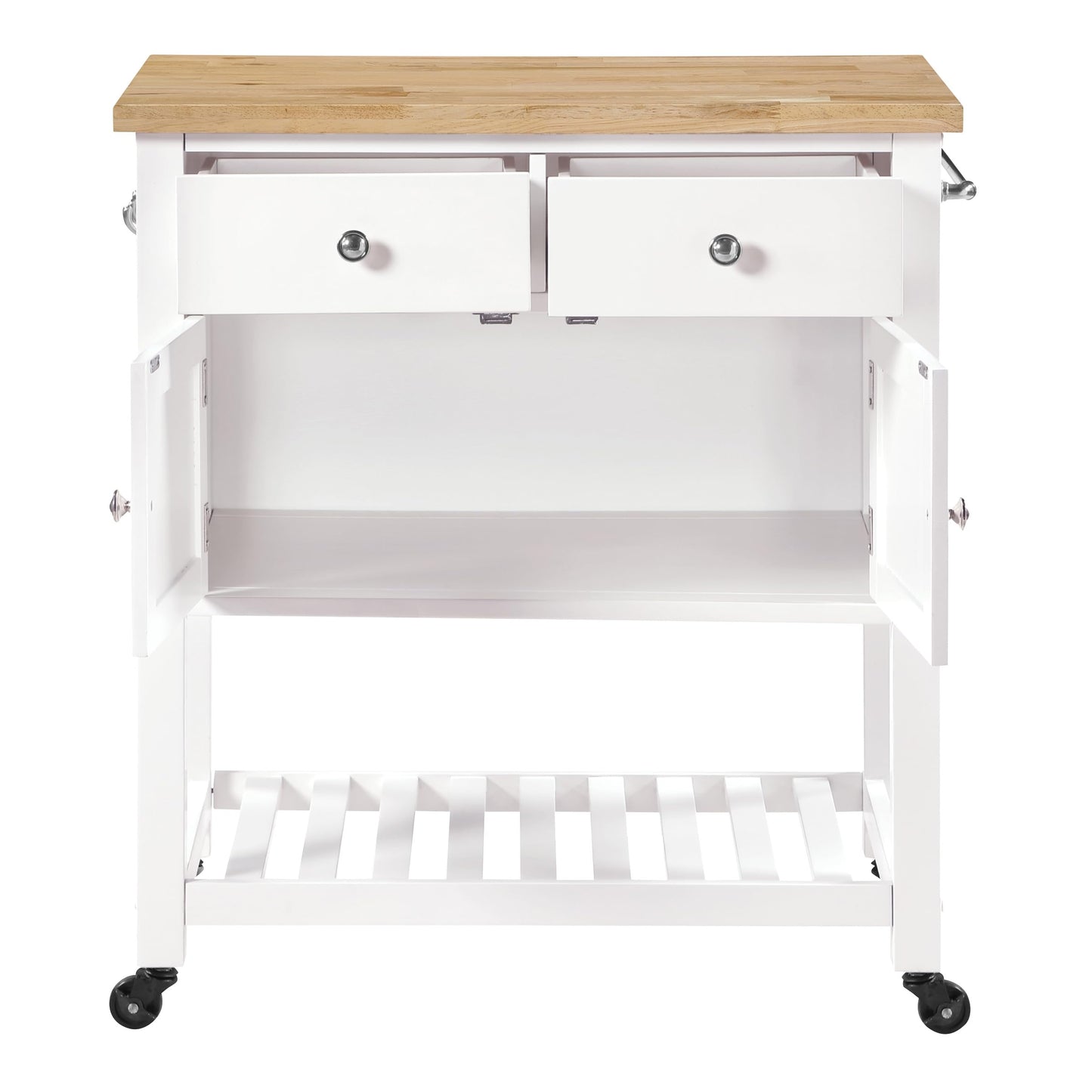 OSP Home Furnishings Stirling Farmhouse Kitchen Cart, Rolling Storage Cabinet with Drawers, Shelf, 5 Utility Hooks, White with Wood Top