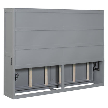 Ball & Cast Murphy Bed Full Size,Wall Beds with Charging Station and Storage Top,Slat Support,Wood Hideaway Cabinet Bedframe w/Leg,can be Folded,Space-Saving,for Small Room,Dorms,Gray