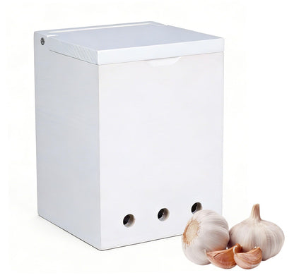 Mowhut Garlic Keeper for Countertop, Wooden Storage Box with Solid Wood Cover, Ventilation Holes, White Holder Container for Kitchen Pantry, Ginger and Shallots
