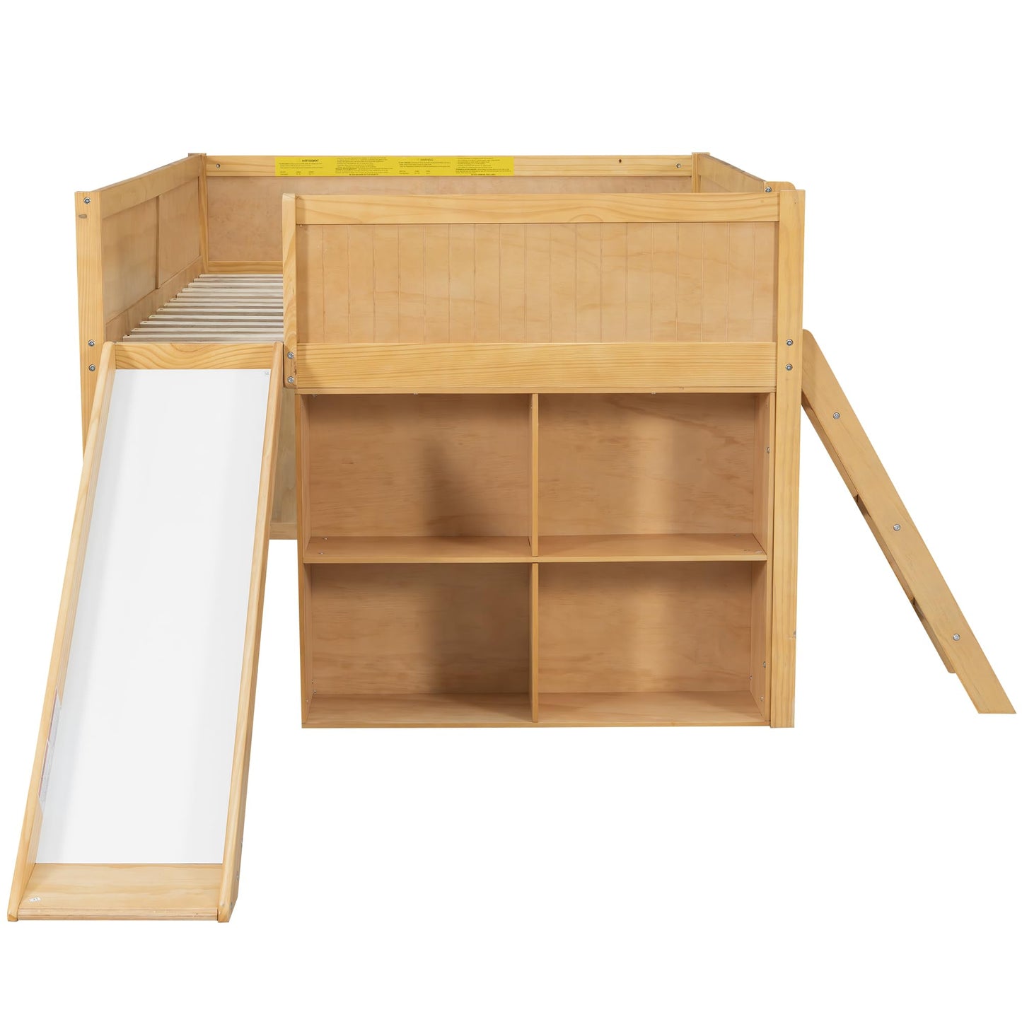 Merax Full Size Loft Bed with Slide & Stairs, Low Loft Bed for Kids, Solid Wood Bed Frame with Storage Shelve, Guard Rails, Slat Support & Under-Bed Play Space, No Box Spring Needed, Natural