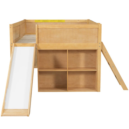 Merax Full Size Loft Bed with Slide & Stairs, Low Loft Bed for Kids, Solid Wood Bed Frame with Storage Shelve, Guard Rails, Slat Support & Under-Bed Play Space, No Box Spring Needed, Natural