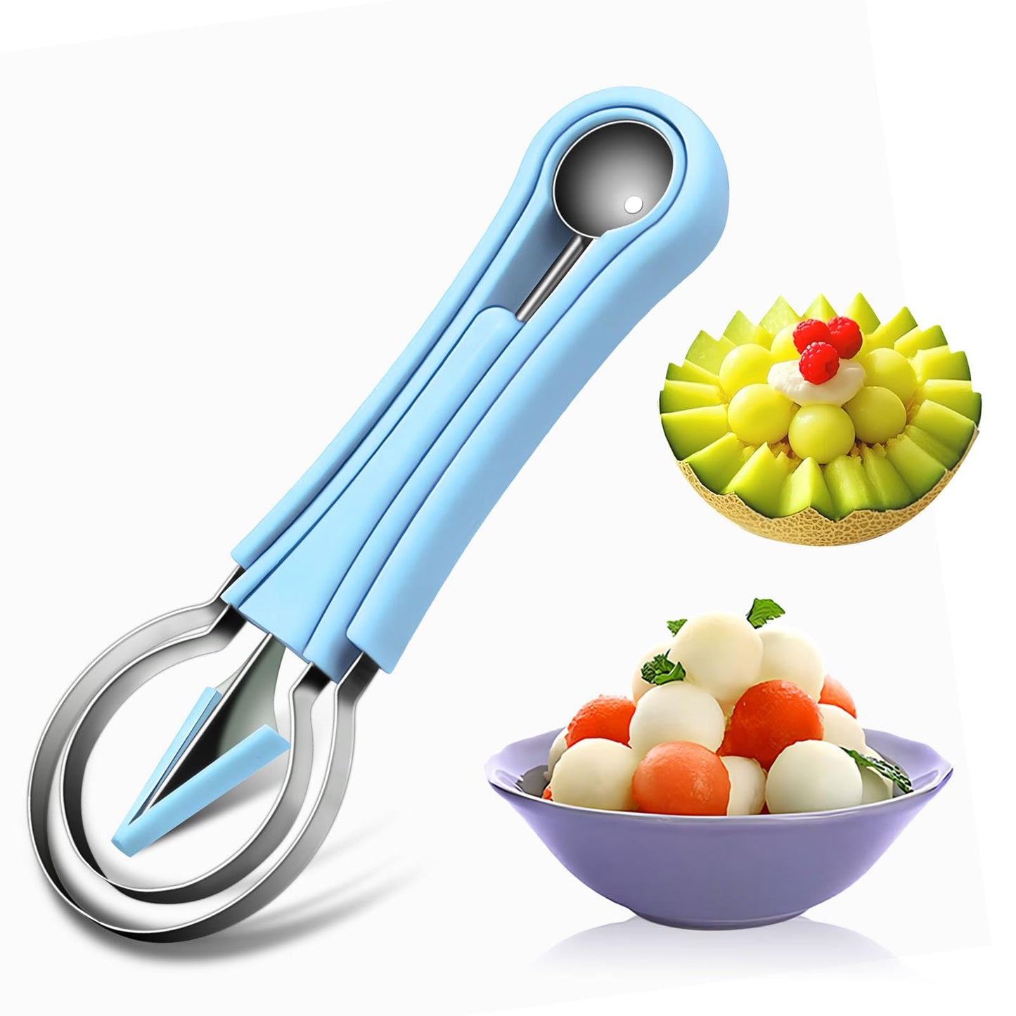 Suuker Melon Baller Scoop Set,Professional 4 In 1 Stainless Steel Fruit Carving Tools Knife Kit, Watermelon Knife for Ice Cream Melon,Dig Pulp Separator Fruit Slicer (Blue)