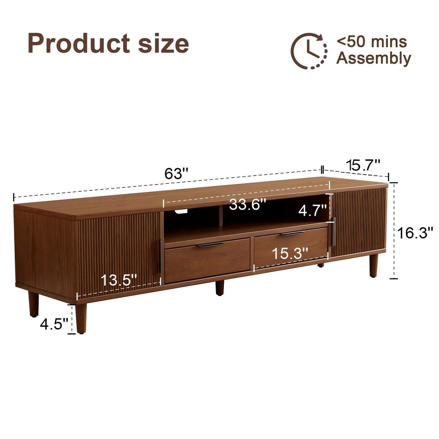 CycleCrew Mid Century Modern TV Stand for TVs Up to 70 in- Wooden Fluted Entertainment Center Low Profile TV Console with 2 Cabinet, Drawers and Shelf, Media Console for Living Room