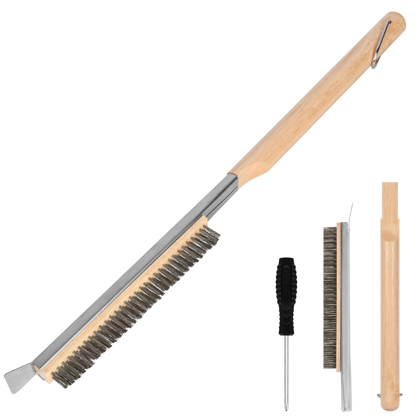 Aolso Pizza Oven Brush, 21" Brush and Stainless Steel Scraper for Pizza Stone, BBQ Grill Cleaning Brush Non Scratch Heat Proof Stainless Steel Bristles with Screwdriver for Pizza Oven Accessories
