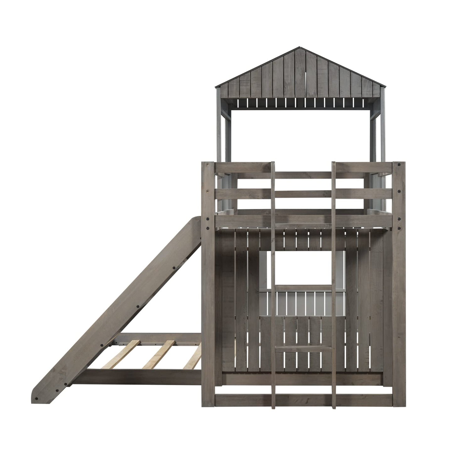 Twin Over Full Bunk Bed Frames Loft Bed with Slide, House Roof, Window and Safety Guardrails for Teens, Boys or Girls