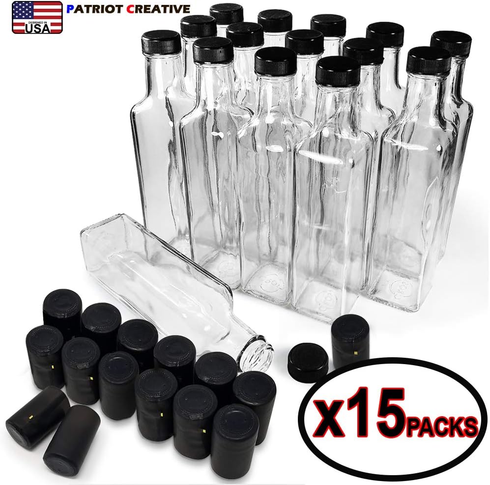 Quadra Bottles 8.5 Oz - 15 Sets of Premium Glass Square Bottles with Leak Proof Airtight Caps, Black